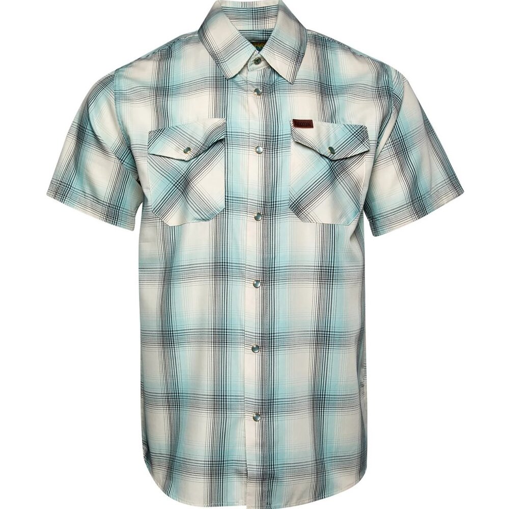 Dixxon Flannel Curacao Pearl Snap Shirt Blue Black White Plaid Short Sleeve